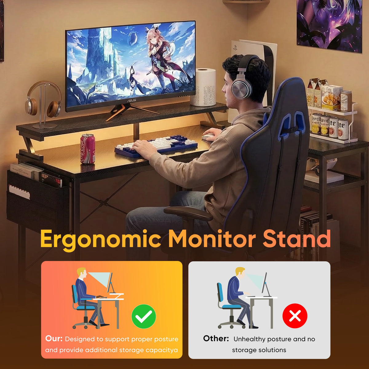 JHK 40IN to 48IN L Shaped with Storage Shelves Computer Desk Gaming Wood Table with USB Charging Ports LED Lights for Office