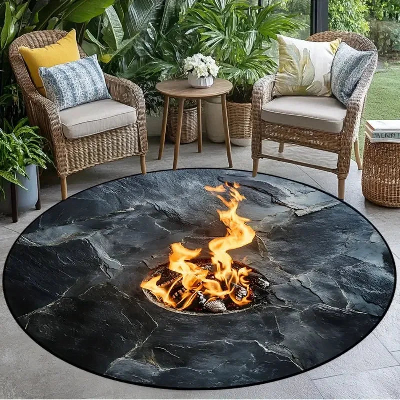 3D Vision Fire Pit Rug Anti-slip Living Room Decoration Round Carpet Waterproof Rugs for Bedroom Washable Bedside Creative Mat