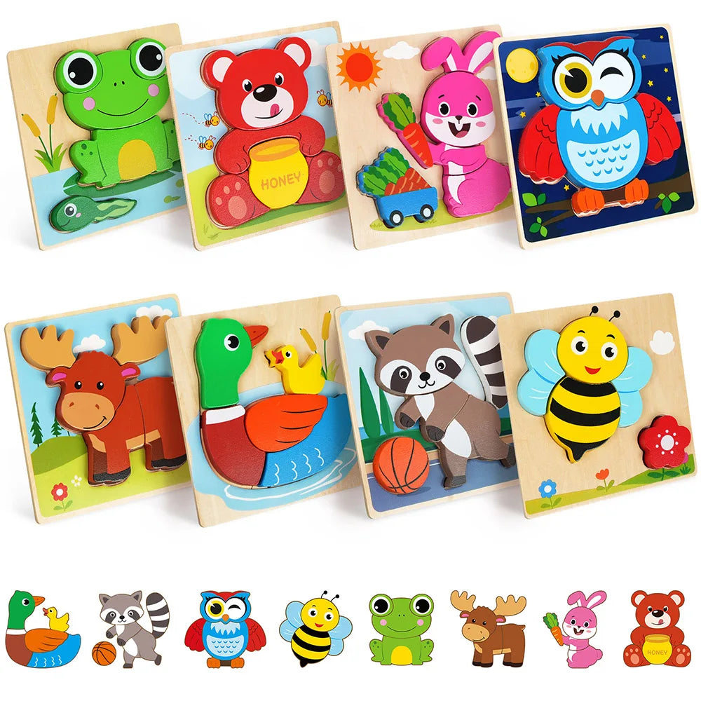 8 Pack Animal Wooden Puzzles Toys For Toddlers Boys Girls, Learning Educational Preschool Christmas Birthday Thanksgiving Gifts