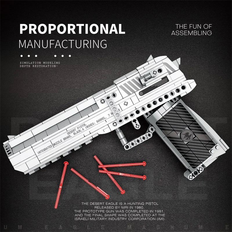 Reobrix Desert Eagle Building Block Set - Realistic Pistol Model with Detachable Magazine & Firing Function, DIY Toy Gift