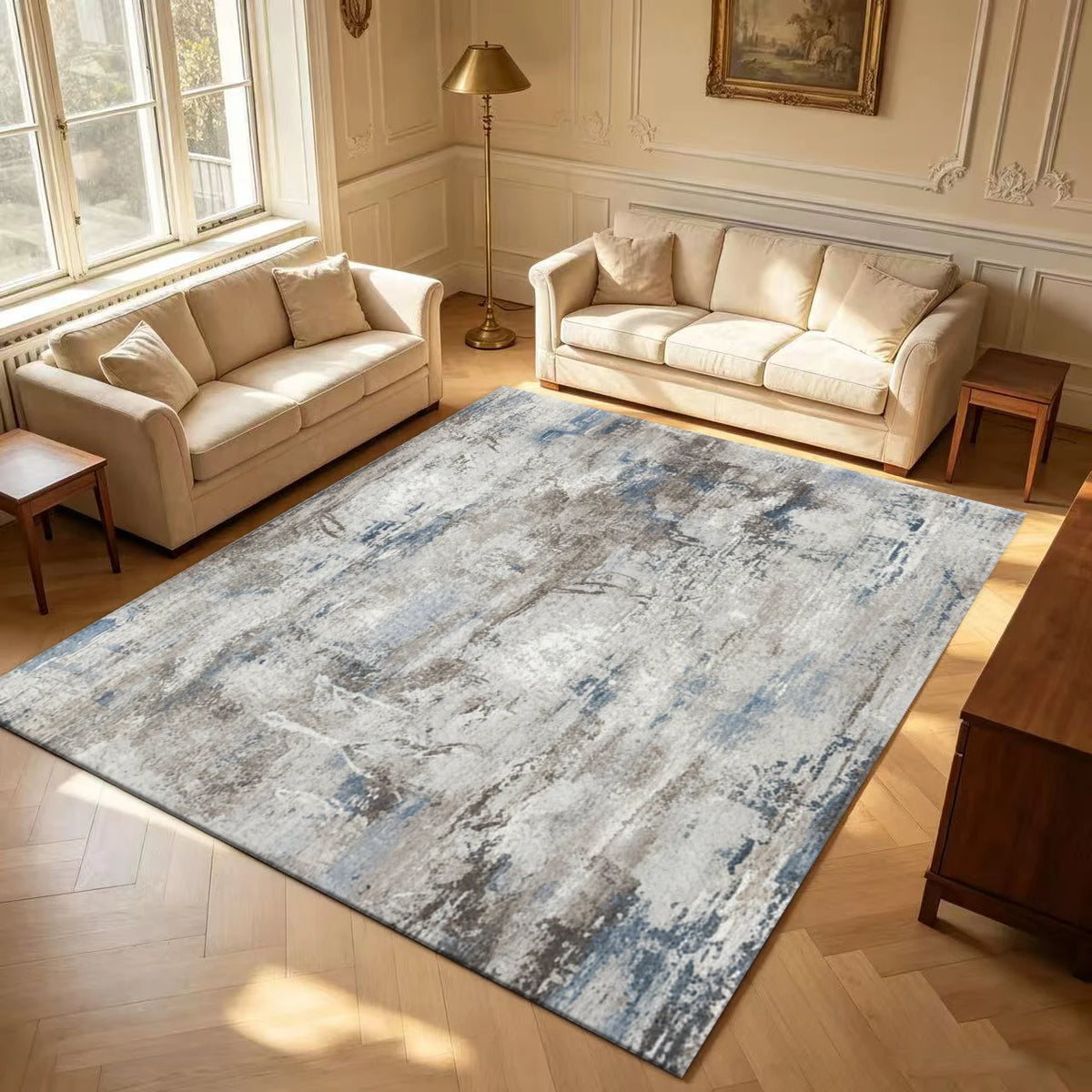 Neutral Grey Blue Abstract Brushstroke Area Rug Vintage Distressed Art Non Slip Washable Floor Carpet Bedroom Living Room
