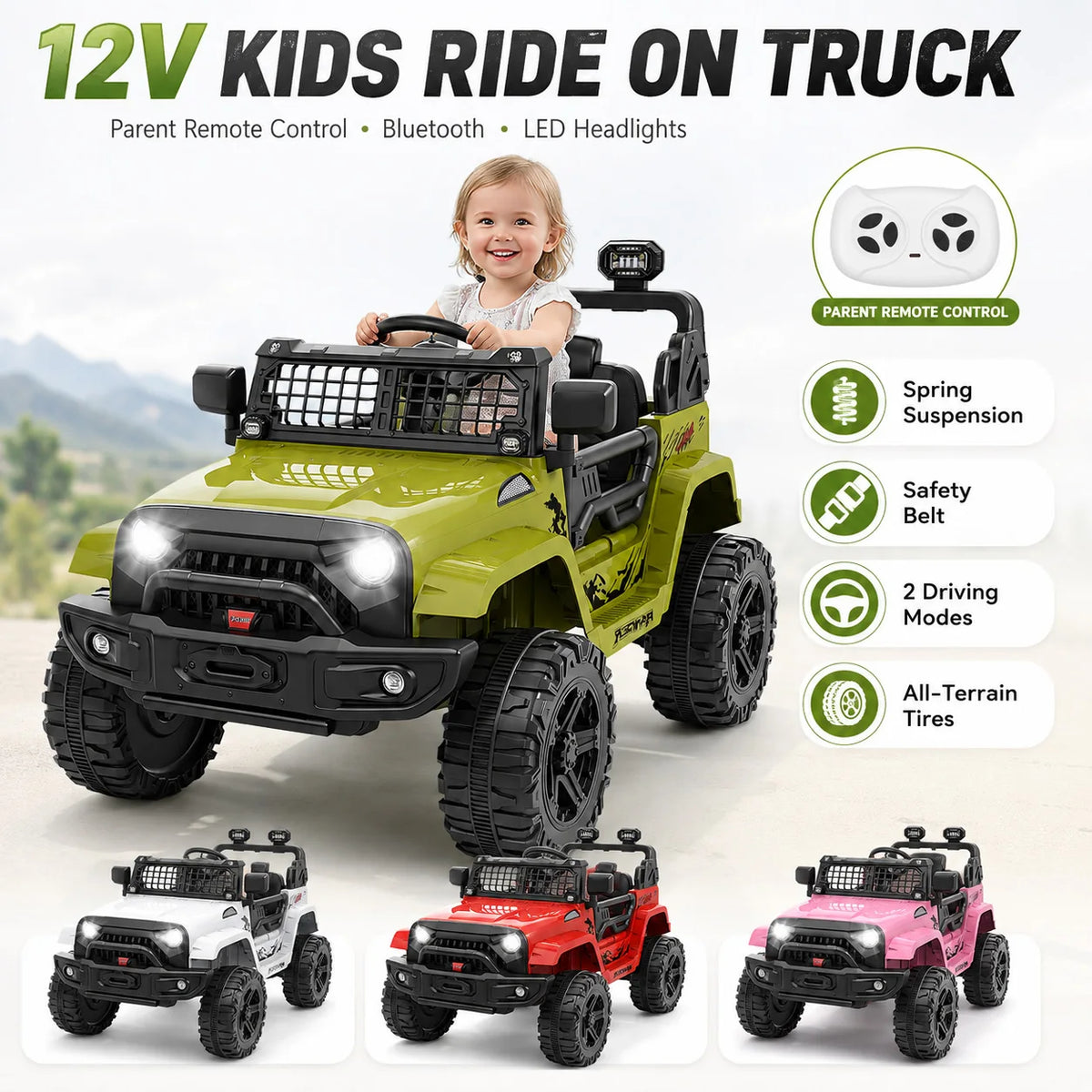 12V Kids Electric Ride on Truck with Parent Remote Control Spring Suspension Bluetooth Speaker LED Headlights All Terrain Toy Car with Safety Belt for Toddlers Outdoor Driving Gift