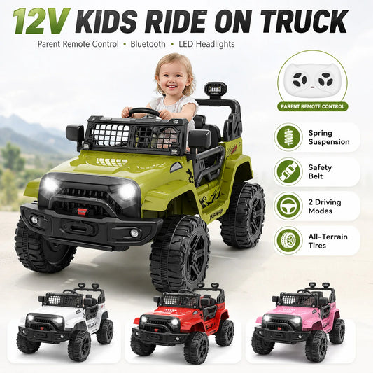 12V Kids Electric Ride on Truck with Parent Remote Control Spring Suspension Bluetooth Speaker LED Headlights All Terrain Toy Car with Safety Belt for Toddlers Outdoor Driving Gift