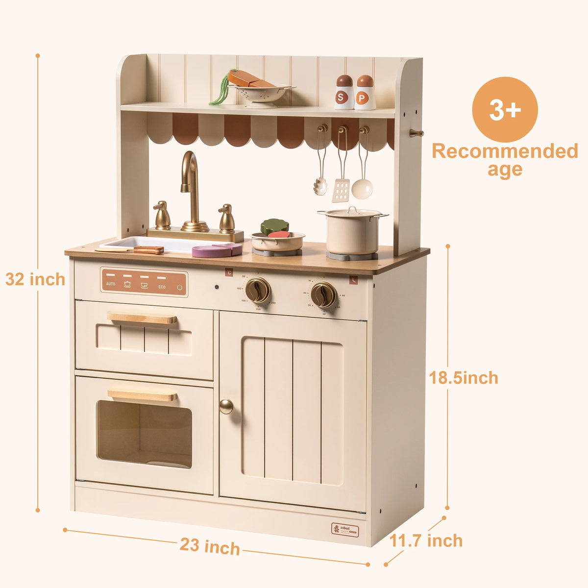 Robud Play Kitchen for Kids Toddlers Wooden Pretend Play Kitchen Set Toy with Cutting Food Set Toys Kitchen Gift for 3+ Kids Beige