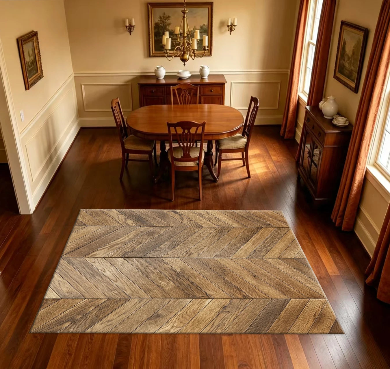 Herringbone Wood Grain Area Rug Simulation Wooden Floor Pattern Non‑Slip Soft Floor Carpet for Living Room Bedroom Home Decor Mat