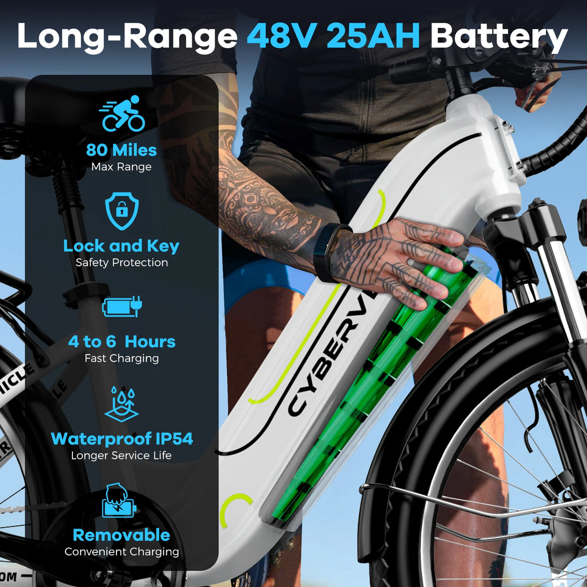 Cybervelo 26" Step-Thru Commuter, 500W Peak 48V 25Ah Detachable Battery, Long Range 7-Speed Shift Electric Bike for Adult EK7 EK10
