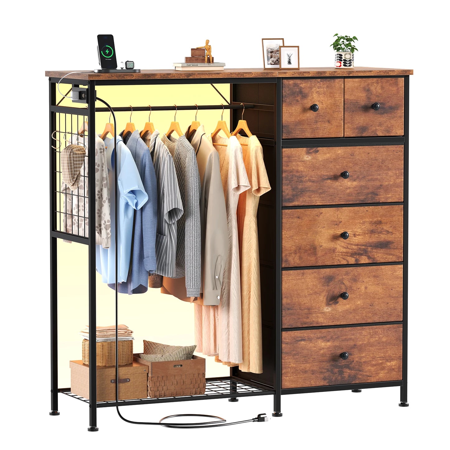 JHK 6 Drawer Fabric Dresser with Hanging Rack for Living Room Closet Storage Organizer with Charging Station and LED Lights for Home Entryway