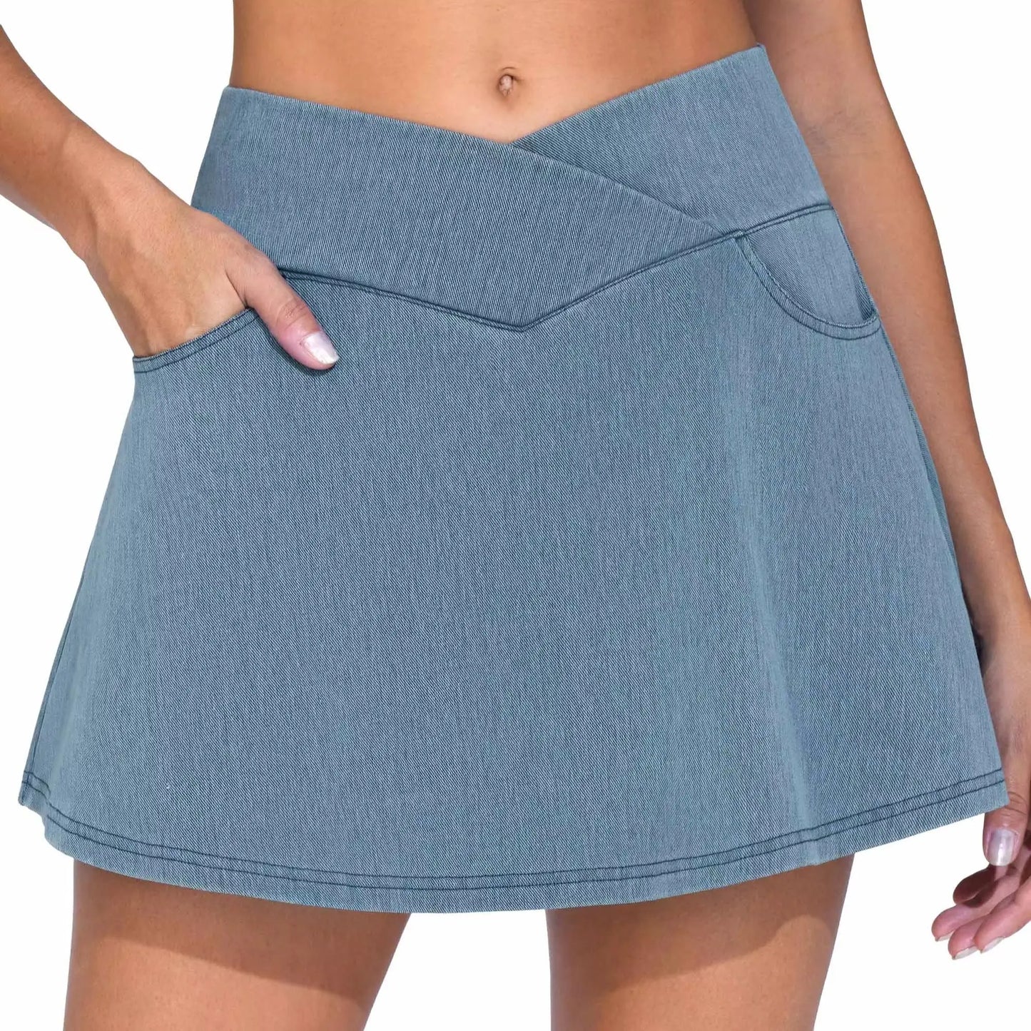 THE GYM PEOPLE Women's Cross Waist Jean Skorts Stretchy Ruffle Denim Skirts with 2 in 1 Shorts Pockets