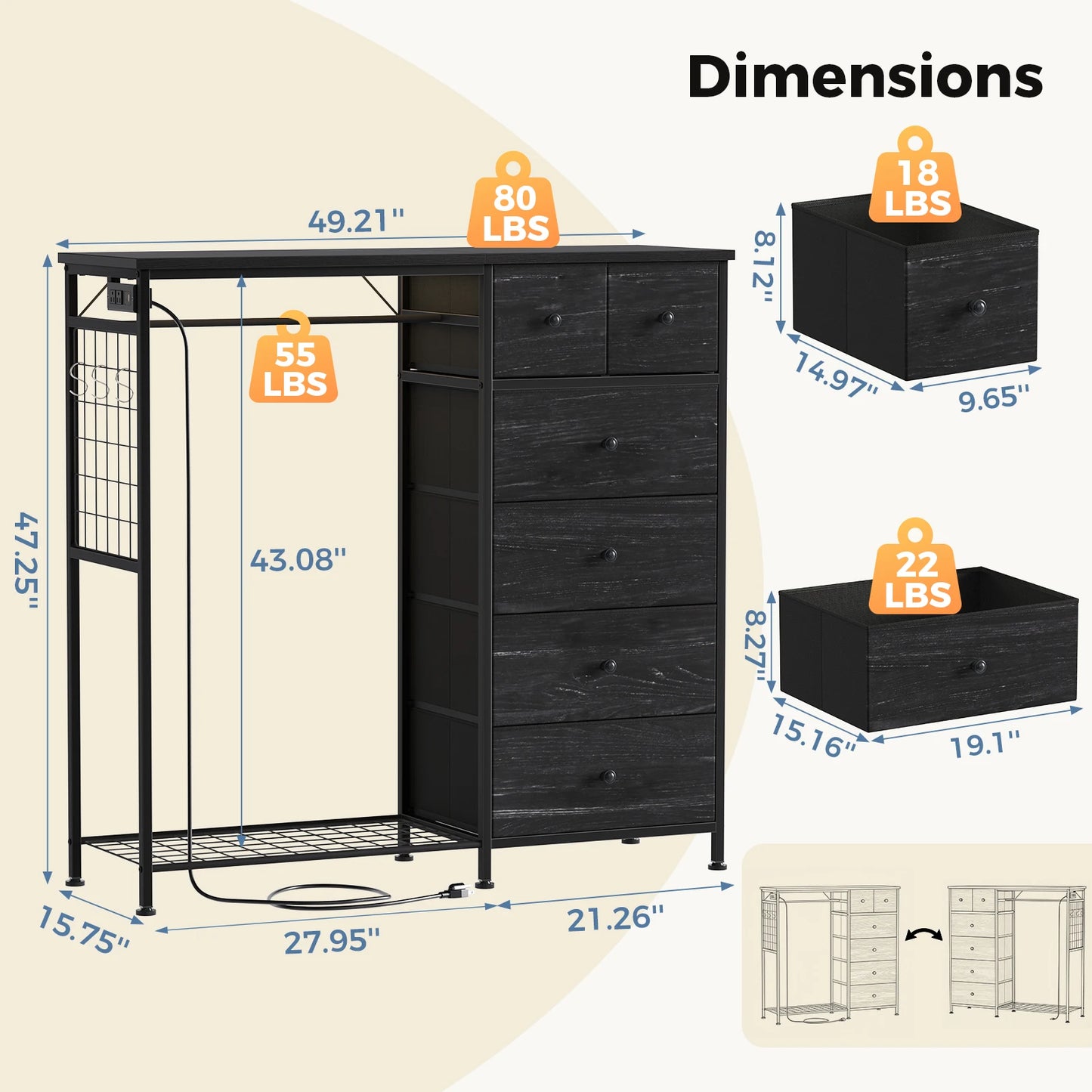 JHK 6 Drawer Fabric Dresser with Hanging Rack for Living Room Closet Storage Organizer with Charging Station and LED Lights for Home Entryway