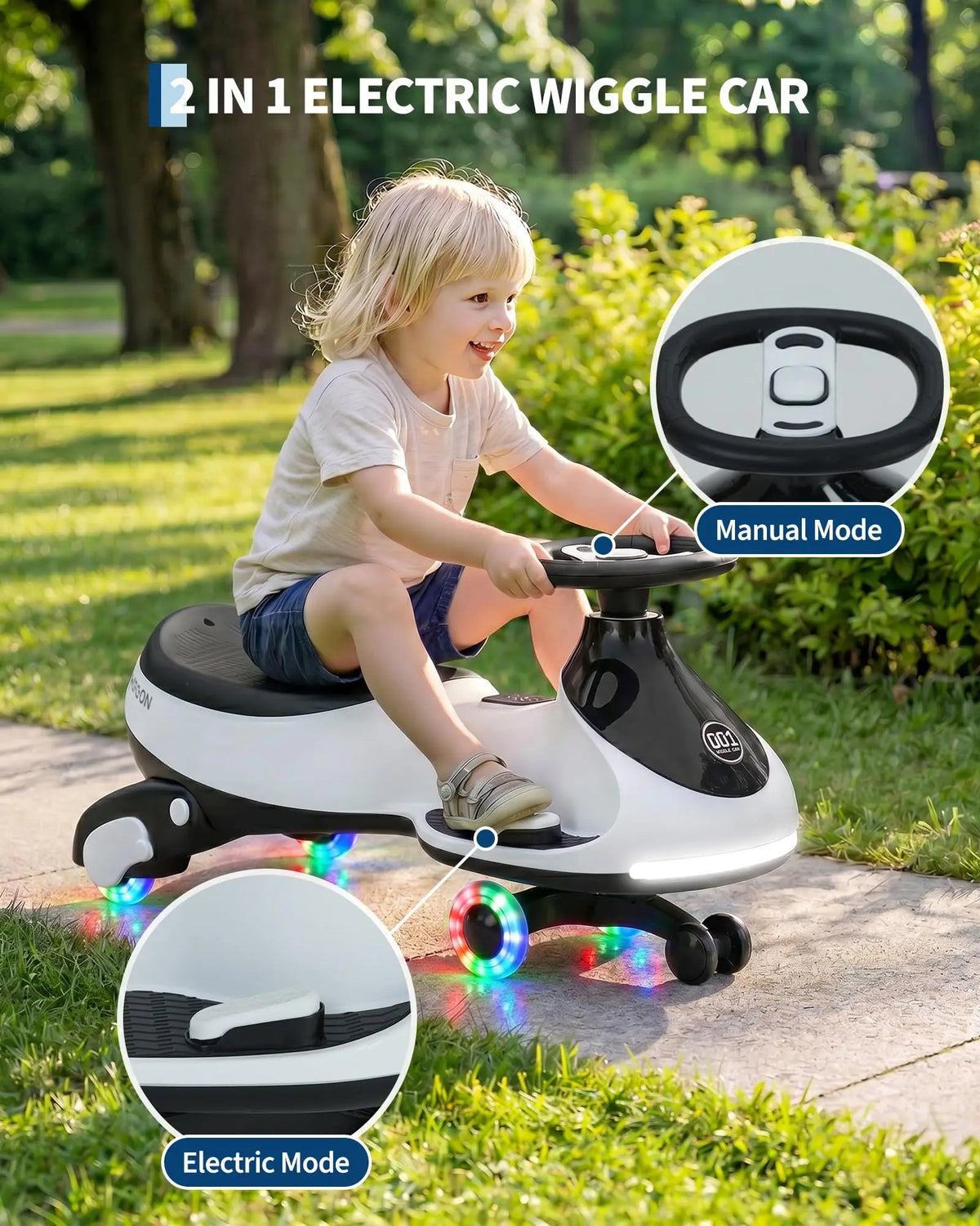 12V Electric Wiggle Car Kids With Pedal, 2 in 1 Ride On Swing Car, LED Wheels, Music, Rechargeable Battery, 2 Speeds, Indoor/Outdoor, for Boys and Girls