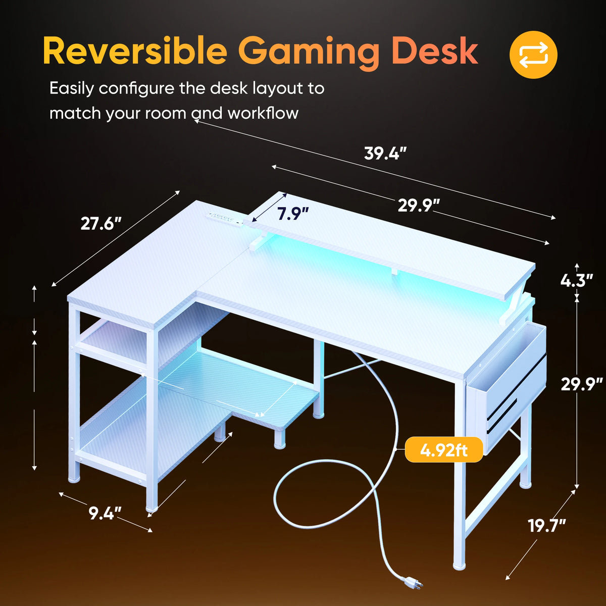 JHK 40IN to 48IN L Shaped with Storage Shelves Computer Desk Gaming Wood Table with USB Charging Ports LED Lights for Office