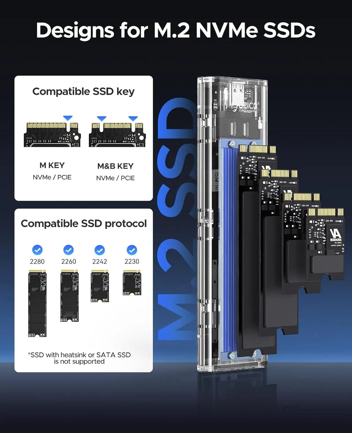 ORICO M.2 NVMe SSD Enclosure USB 3.2 Gen 2 10GbpTransparent External Solid State Drive Adapter Enclosure for 2280 2260 2242 2230 PCI-E M2 M-Key SSD USB Type C Converter Case