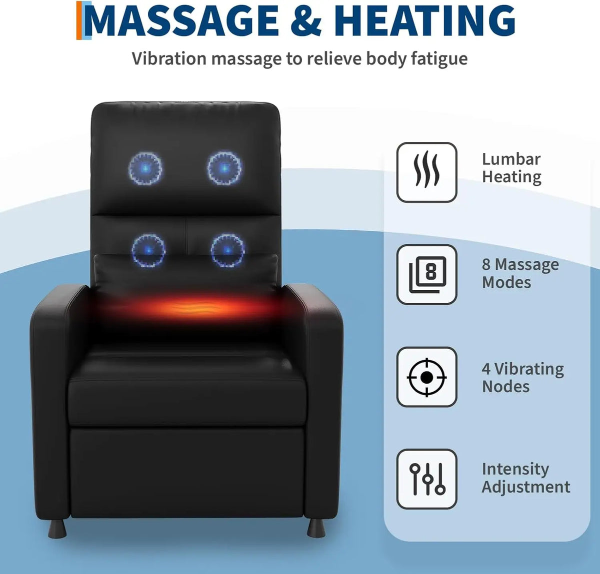 Power Recliner Chair with Heat & Massage – Adjustable Electric Recliner, Ergonomic Overstuffed PU Leather Single Sofa, 2 Side Pockets & USB Port, Home Theater Seating for Living Room