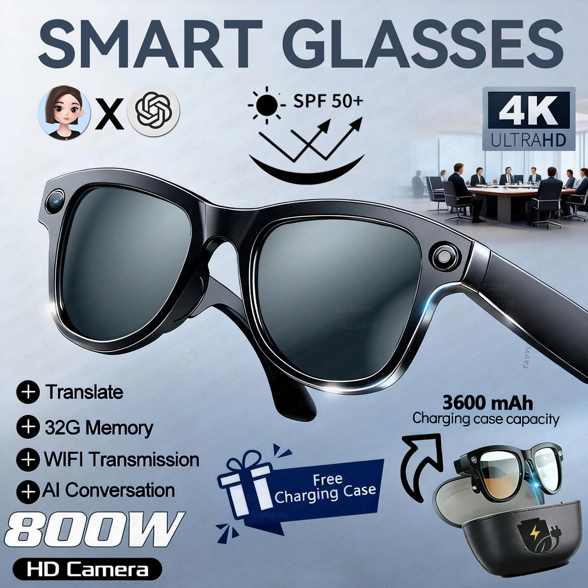 New AI Camera Glasses, 1200P Video, 8MP Photo, Object Recognition, Voice Wake Up, Dual Mic Noise Reduction Bluetooth Eyewear Set