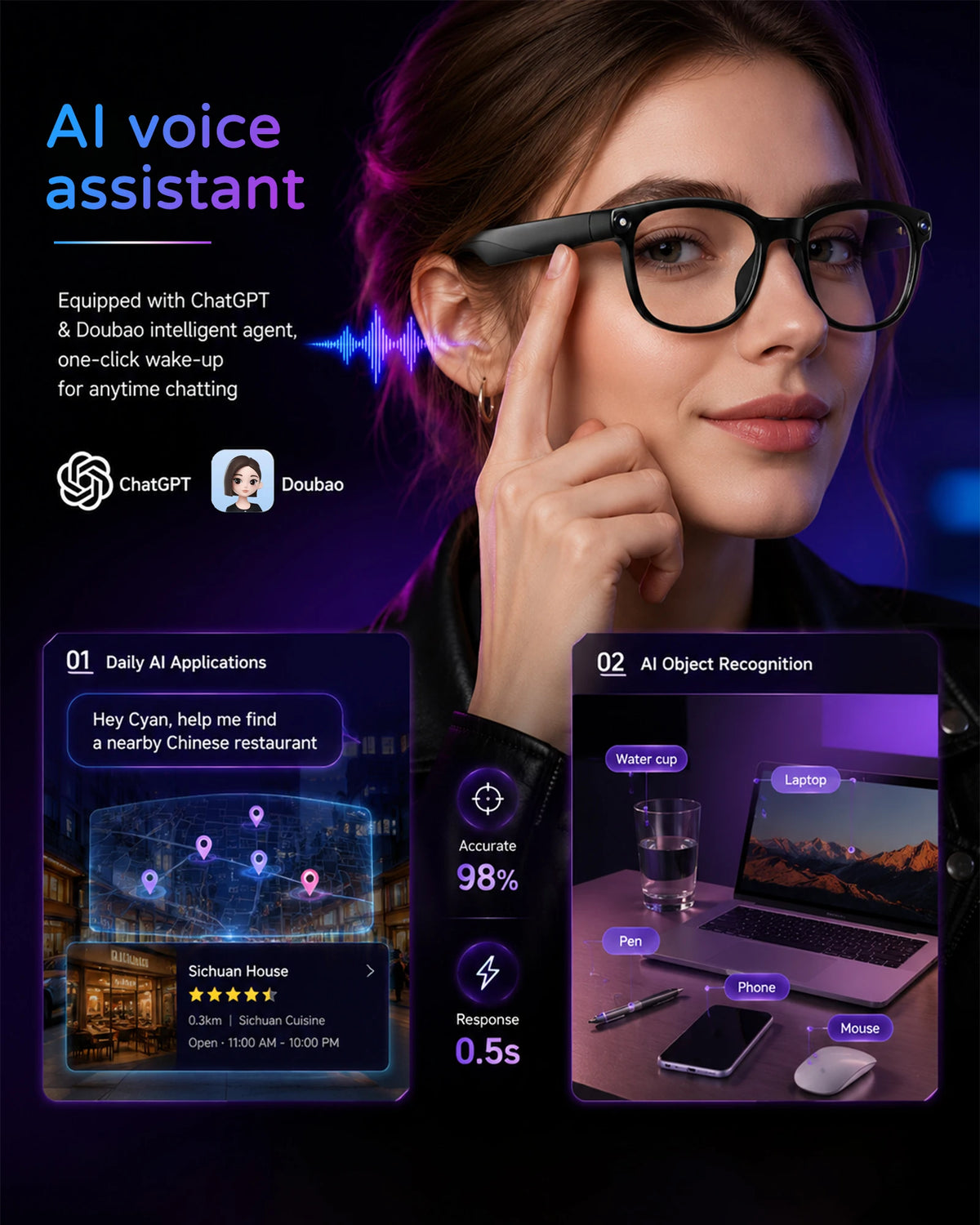 2026 Amovan Glasses with AI 4K UHD 8MP 800W Camera Replacable Lens Video Call Translation Music Waterproof  Smart Glasses