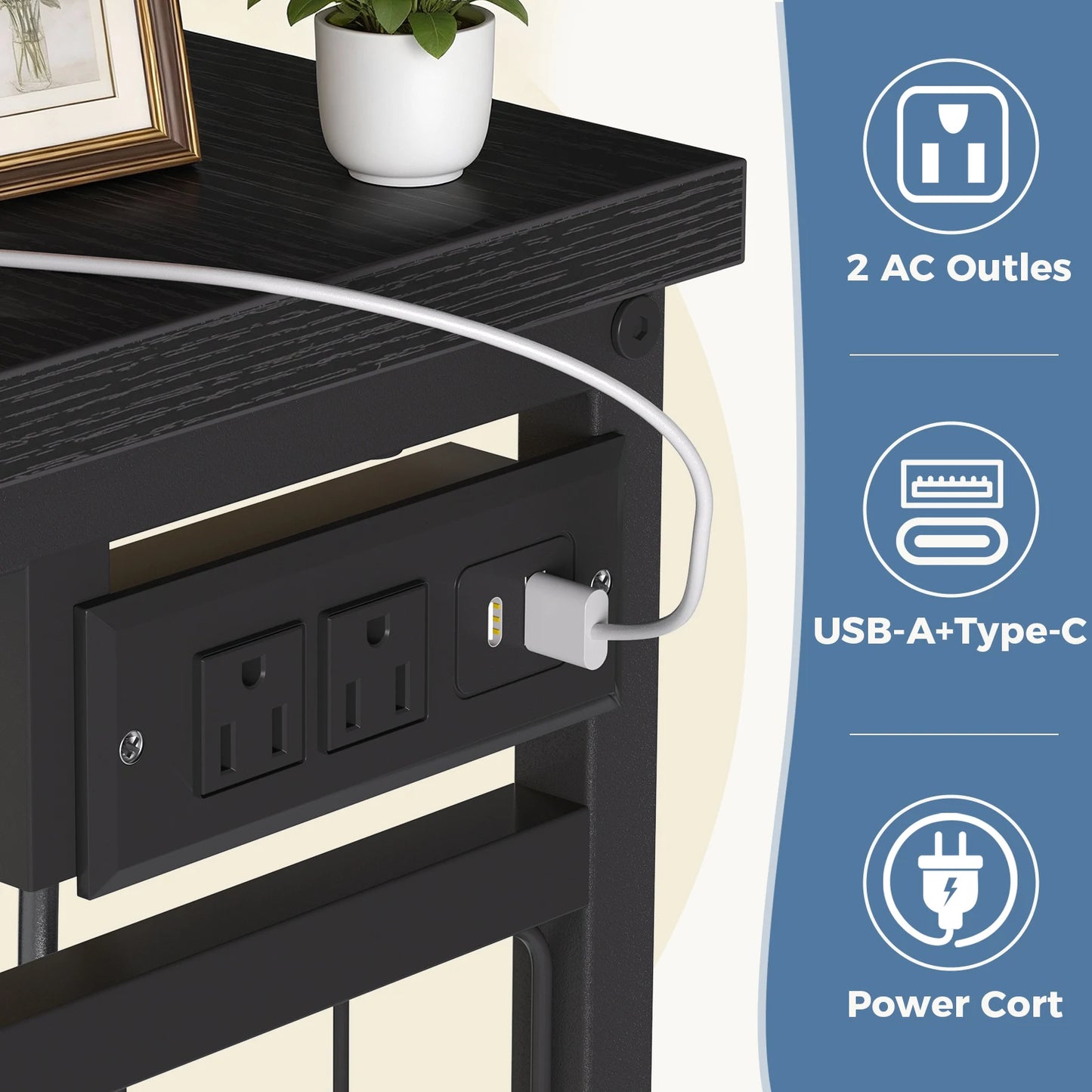 JHK 6 Drawer Fabric Dresser with Hanging Rack for Living Room Closet Storage Organizer with Charging Station and LED Lights for Home Entryway
