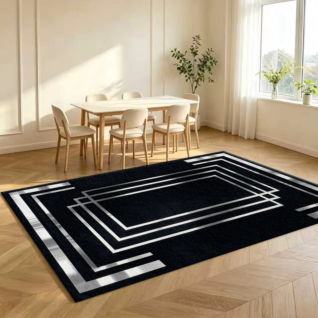 Black Silver Geometric Pattern Layered Frame Carpet Modern Art Decor Non-Slip Carpet Floor Mat Suitable for Living Room Bedroom Home Decor