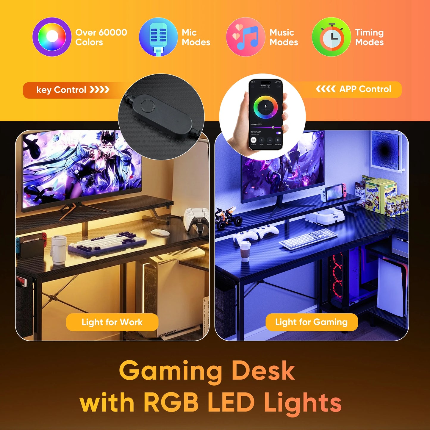 JHK 40IN to 48IN L Shaped with Storage Shelves Computer Desk Gaming Wood Table with USB Charging Ports LED Lights for Office
