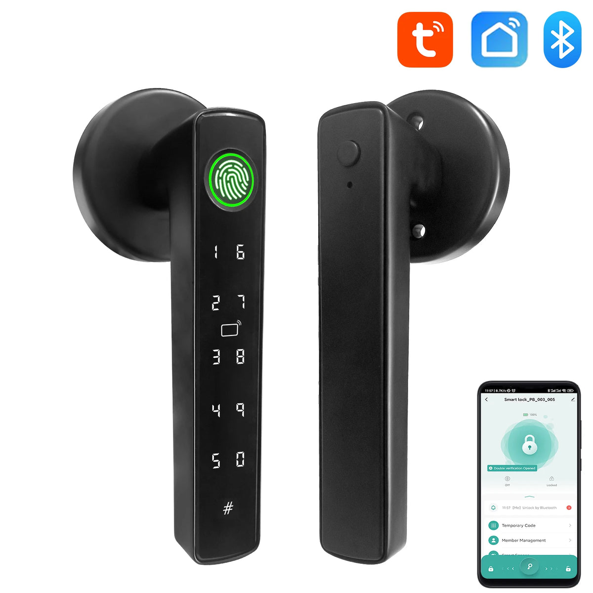 YFK 5-in-1 Smart Door Handle Lock Tuya Bluetooth Fingerprint Password IC Card Key APP Keyless Entry Black Silver