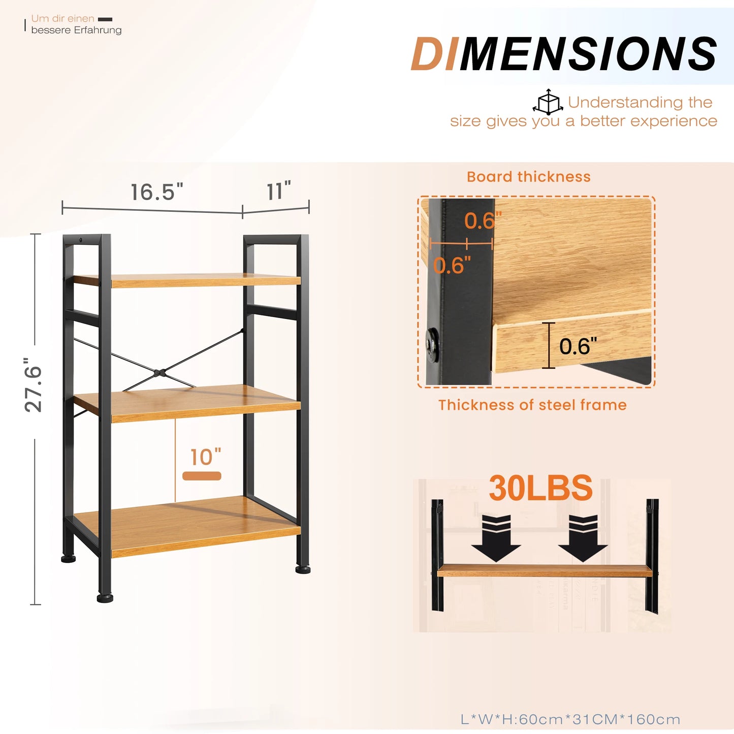 MCQ 3 Tiers Metal Classic Bookshelf Freestanding Tall Display Shelf Wooden Storage Tall Display Shelves Bookshelf Sturdy Structure Graduated Shelves Adjustable Feet for Home