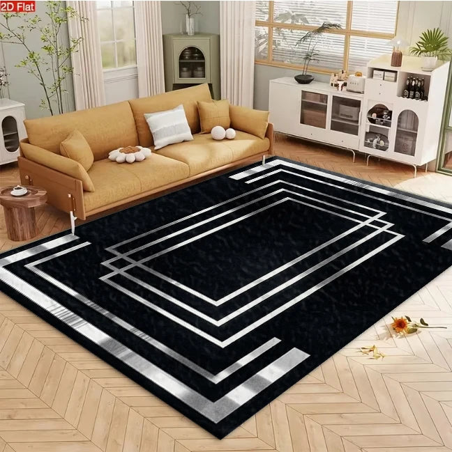 Black Silver Geometric Pattern Layered Frame Carpet Modern Art Decor Non-Slip Carpet Floor Mat Suitable for Living Room Bedroom Home Decor