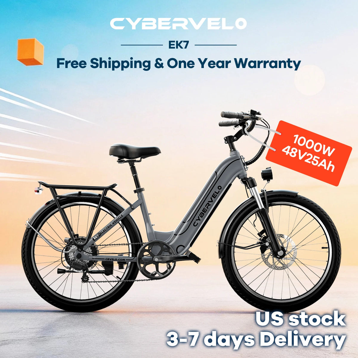 Cybervelo 26" Step-Thru Commuter, 500W Peak 48V 25Ah Detachable Battery, Long Range 7-Speed Shift Electric Bike for Adult EK7 EK10