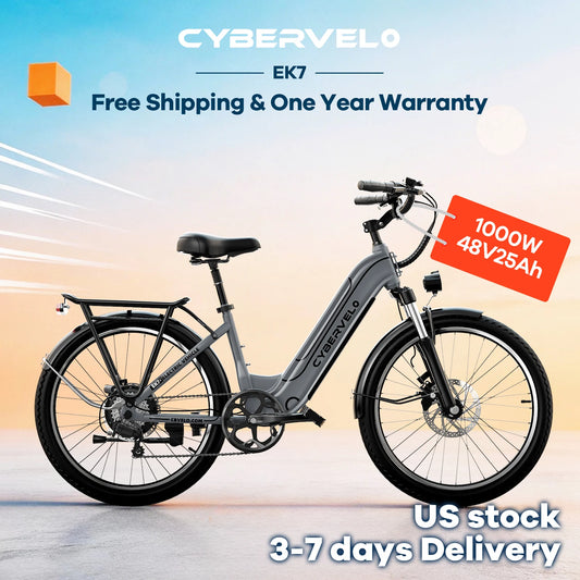 Cybervelo 26" Step-Thru Commuter, 500W Peak 48V 25Ah Detachable Battery, Long Range 7-Speed Shift Electric Bike for Adult EK7 EK10