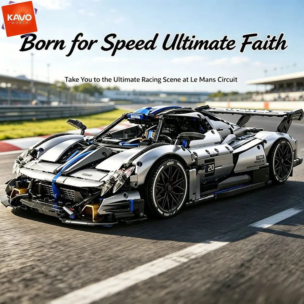 KAVOWORLD 1:8 Scale Silver-Blue Technical Super Racing Sports Car Building Blocks Set 3526pcs DIY STEM Assembly Premium ABS Racing Car Building Bricks Toy Model with Rear Linkage Engine & Track Wing, Ideal Birthday Christmas