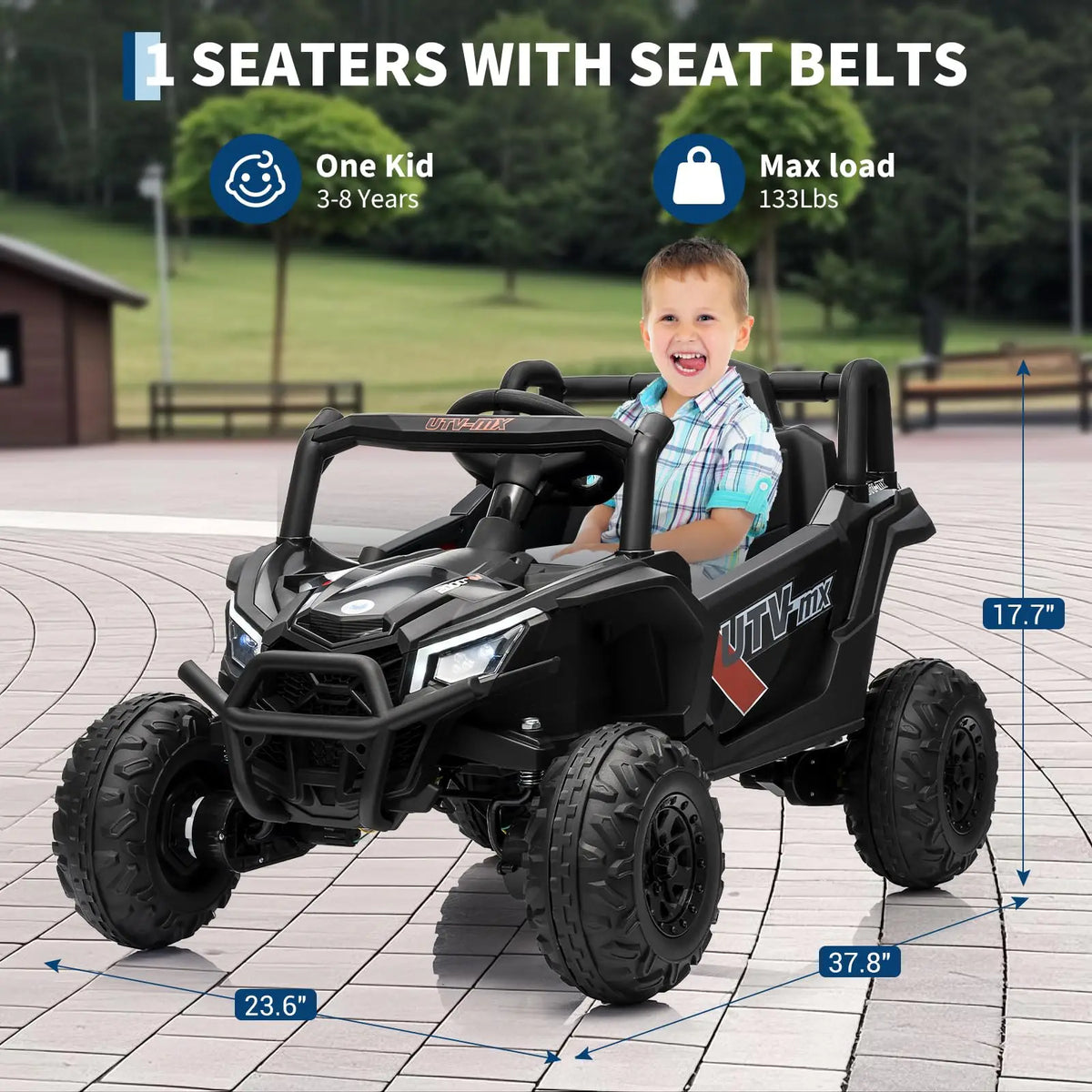 12V Kids Ride On Car UTV Truck With Remote Control 4WD/2WD Switchable Electric Vehicle With 4 Spring Suspension EVA Tires Safety Belt Double Open Doors Bluetooth Music LED Lights for Ages 3-8 Years