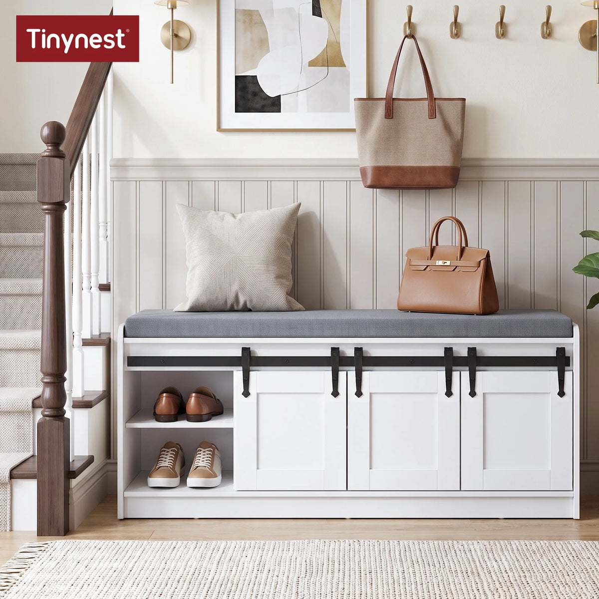 TinyNest 41.7 inch Shoe Storage Bench With Padded Seat Cushion For Entrance, Farmhouse Wooden Entryway Shoe Rack Organizer Cabinets With 4 Adjustable Shelf & 3 Sliding Doors For Hallway, Living Room, Bedroom