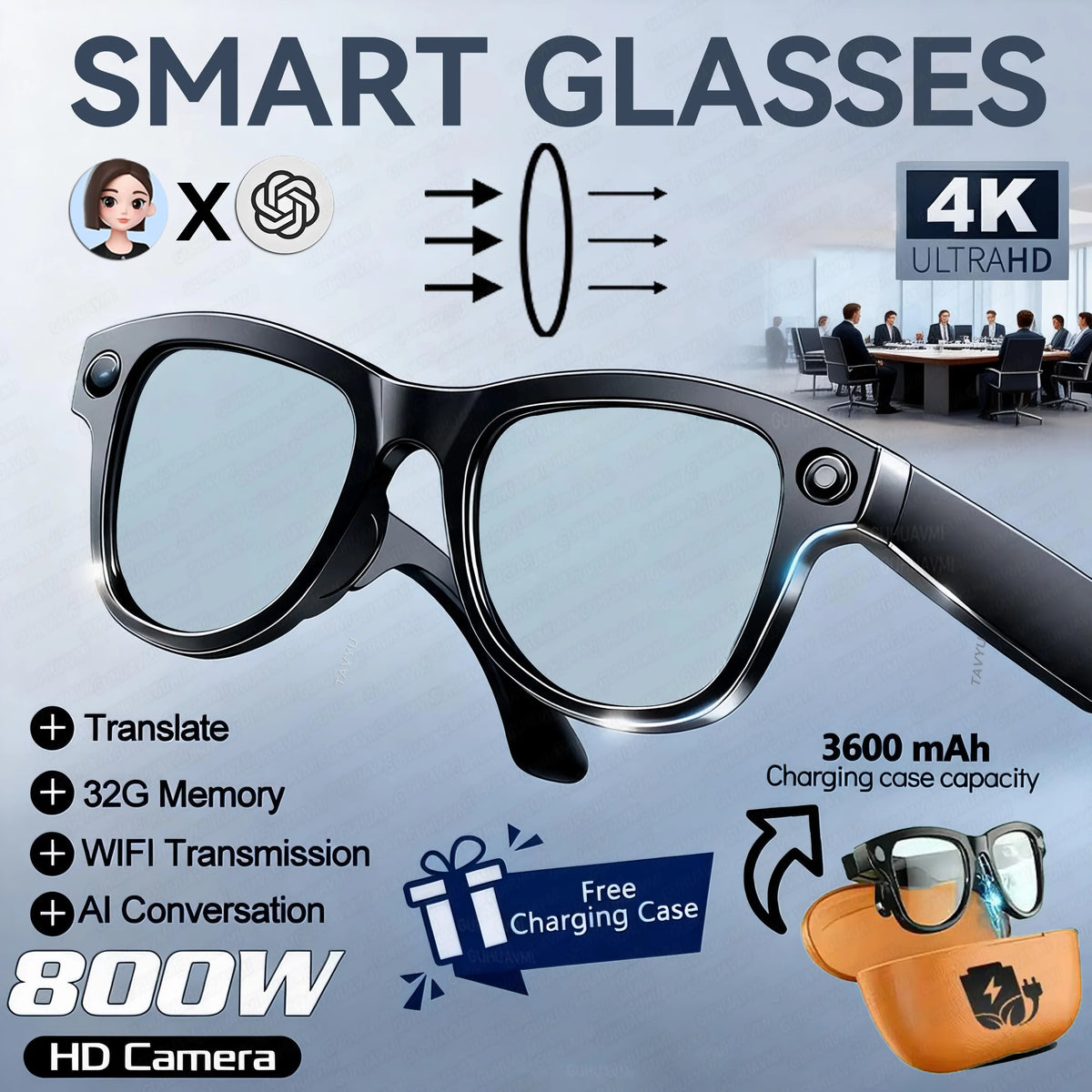 New AI Camera Glasses, 1200P Video, 8MP Photo, Object Recognition, Voice Wake Up, Dual Mic Noise Reduction Bluetooth Eyewear Set
