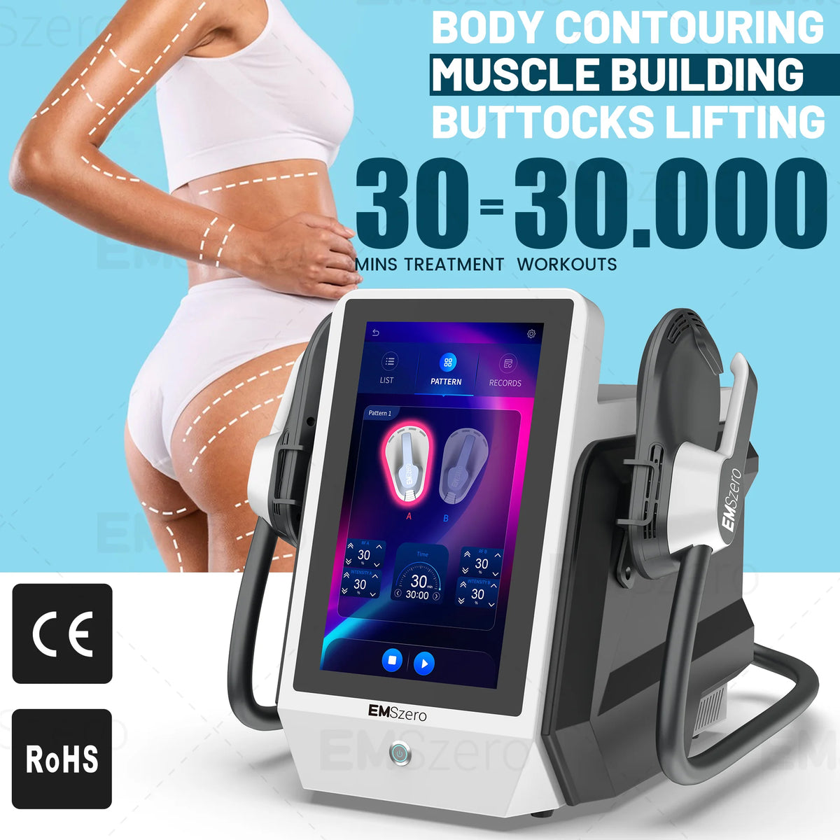 MYOslim Body Shaping Machine 6500W RF 15T 200HZ, Electromagnetic Stimulator, for Fat Burning and Muscle Building