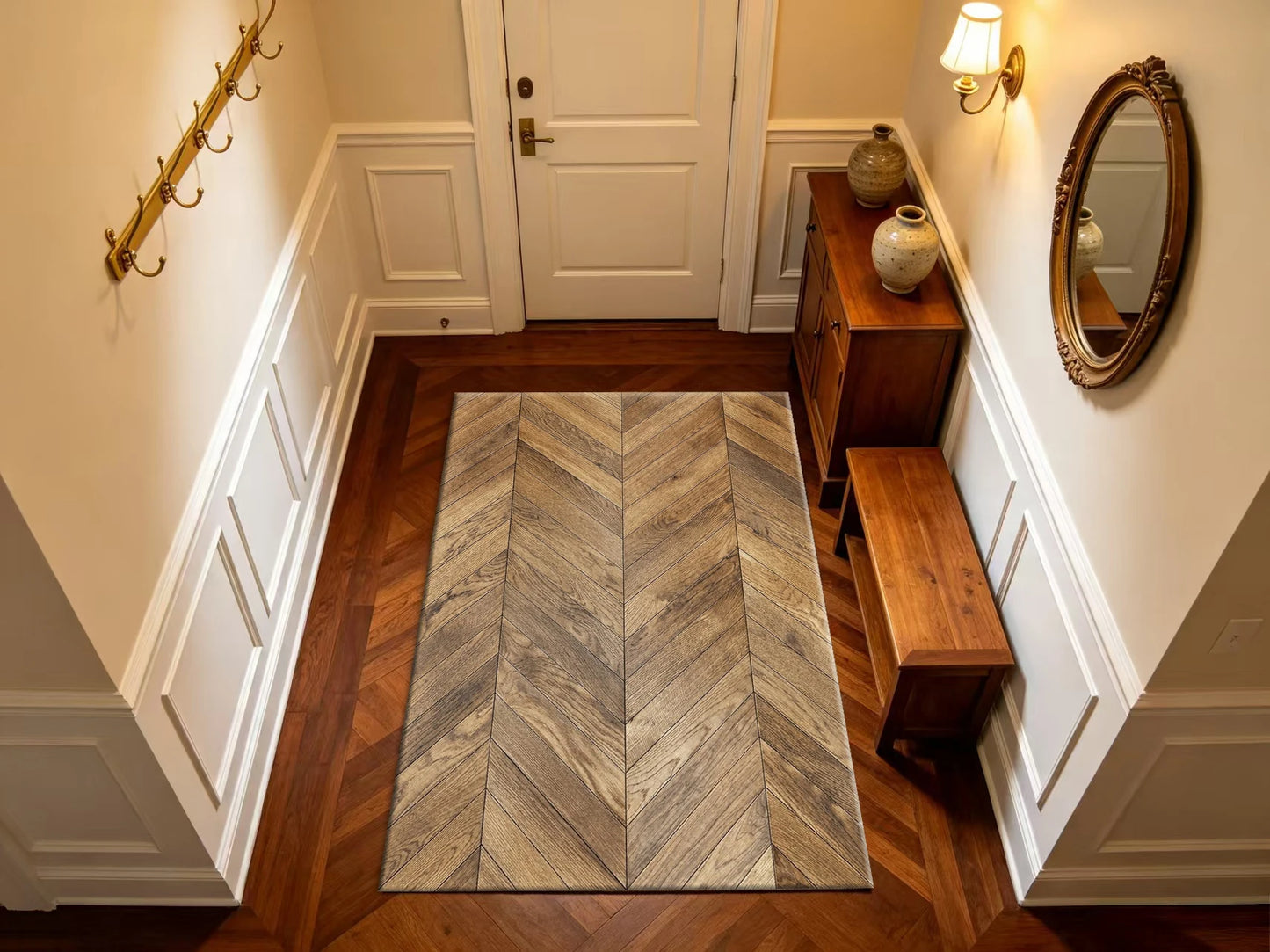 Herringbone Wood Grain Area Rug Simulation Wooden Floor Pattern Non‑Slip Soft Floor Carpet for Living Room Bedroom Home Decor Mat