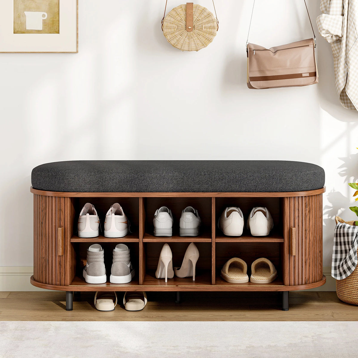 43.3 inch Shoe Storage Bench, 3 Tier Shoe Rack Bench Organizer with Storage, Cushion and Sliding Door Removable