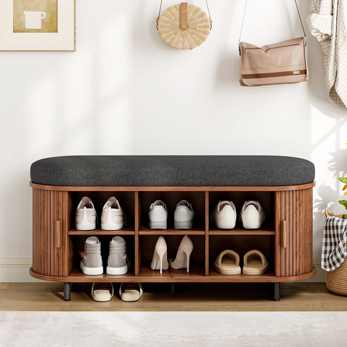 43.3 inch Shoe Storage Bench, 3 Tier Shoe Rack Bench Organizer with Storage, Cushion and Sliding Door Removable