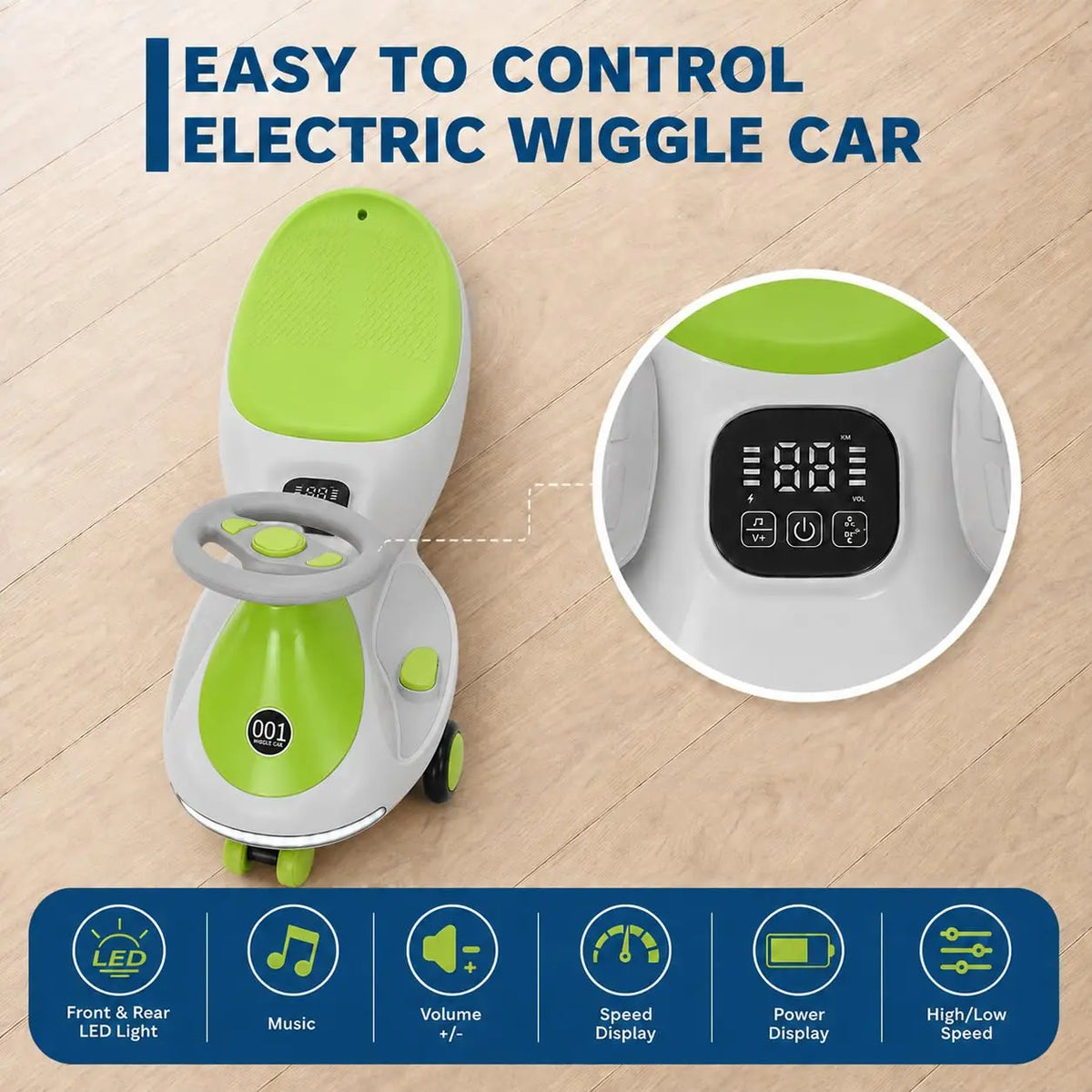12V Electric Wiggle Car Kids With Pedal, 2 in 1 Ride On Swing Car, LED Wheels, Music, Rechargeable Battery, 2 Speeds, Indoor/Outdoor, for Boys and Girls