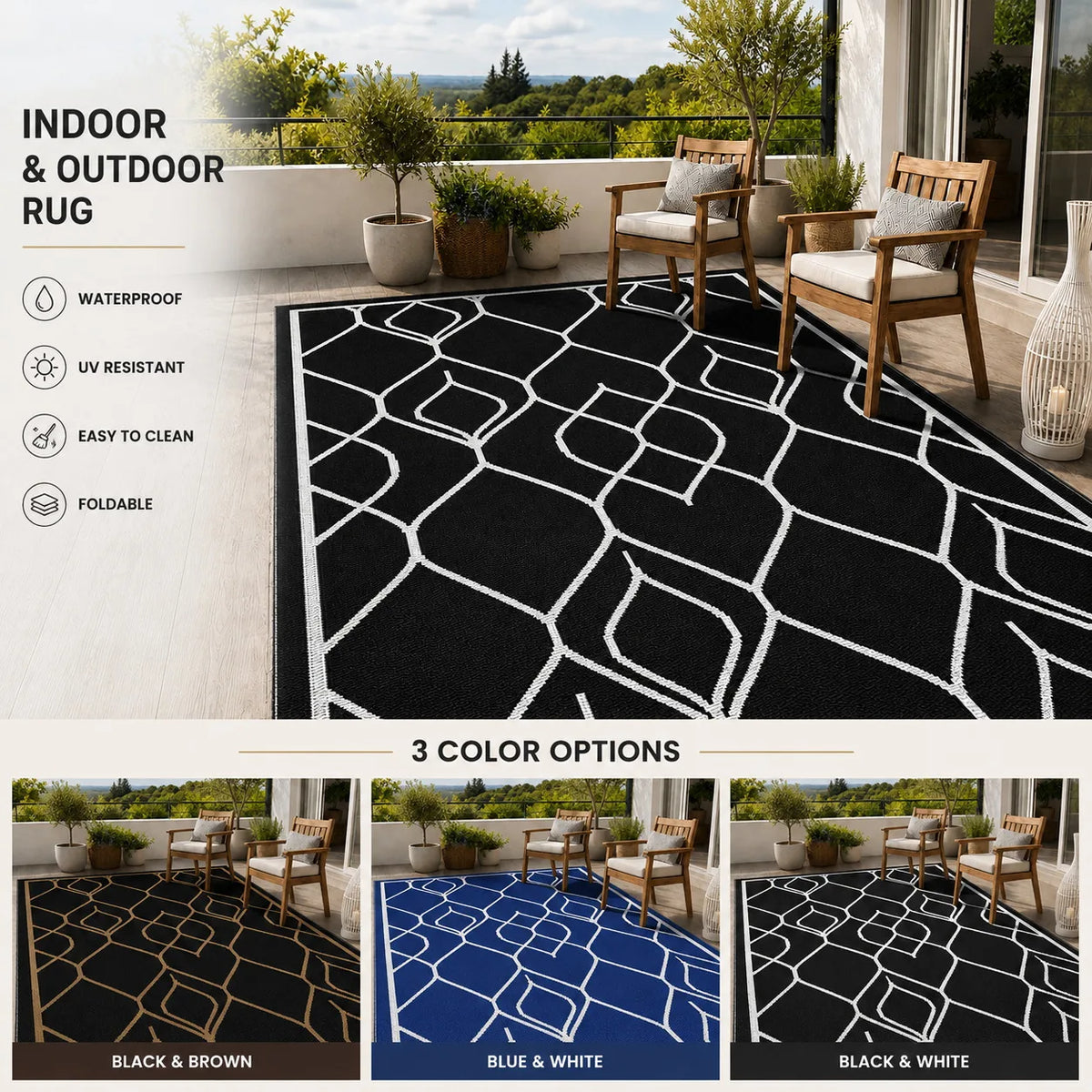 5x8 FT Indoor Outdoor Rug Waterproof Reversible Plastic Straw Patio Mat 340GSM PP Foldable Quick Dry UV Resistant Easy Clean Rug for Patio Deck RV Camping