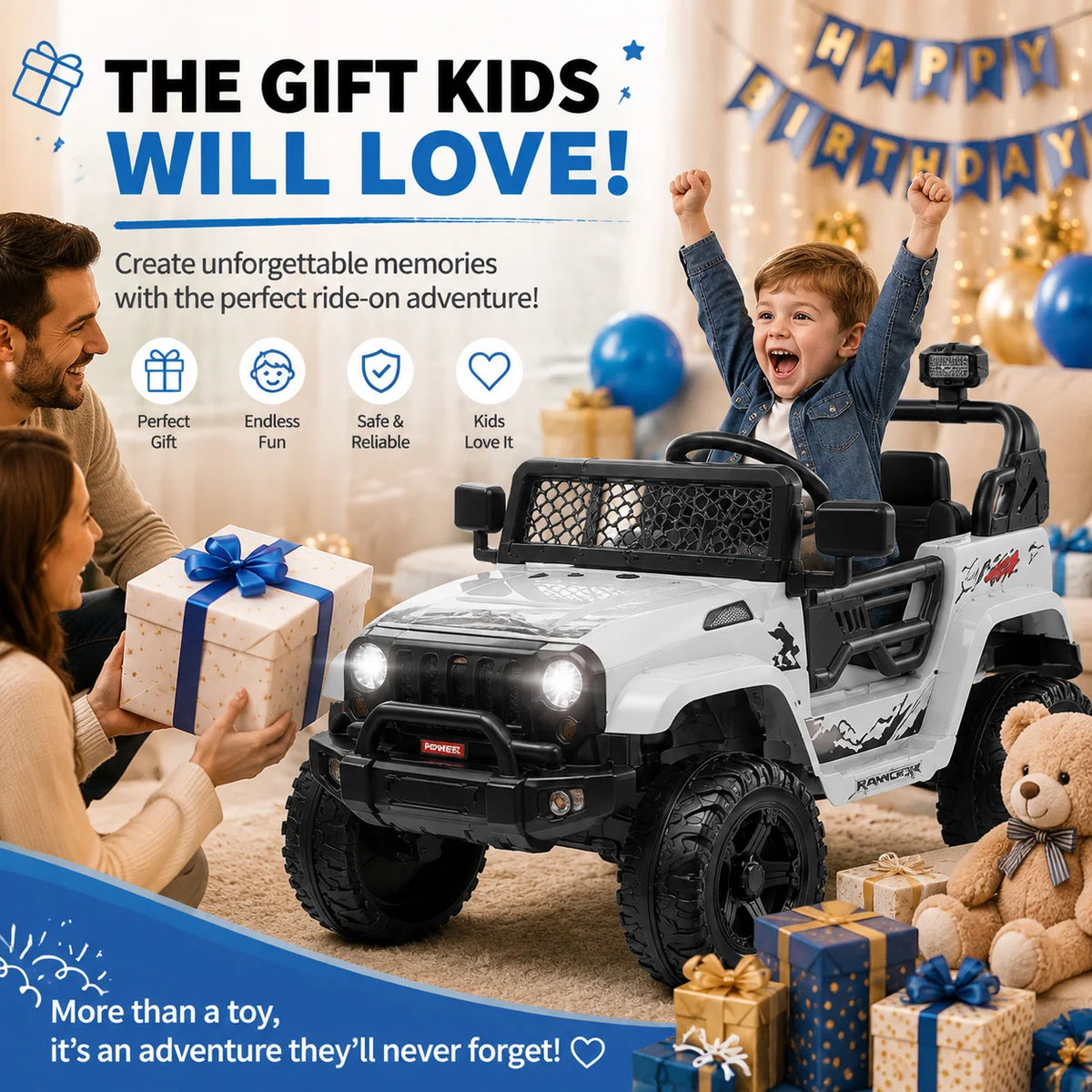 12V Kids Electric Ride on Truck with Parent Remote Control Spring Suspension Bluetooth Speaker LED Headlights All Terrain Toy Car with Safety Belt for Toddlers Outdoor Driving Gift