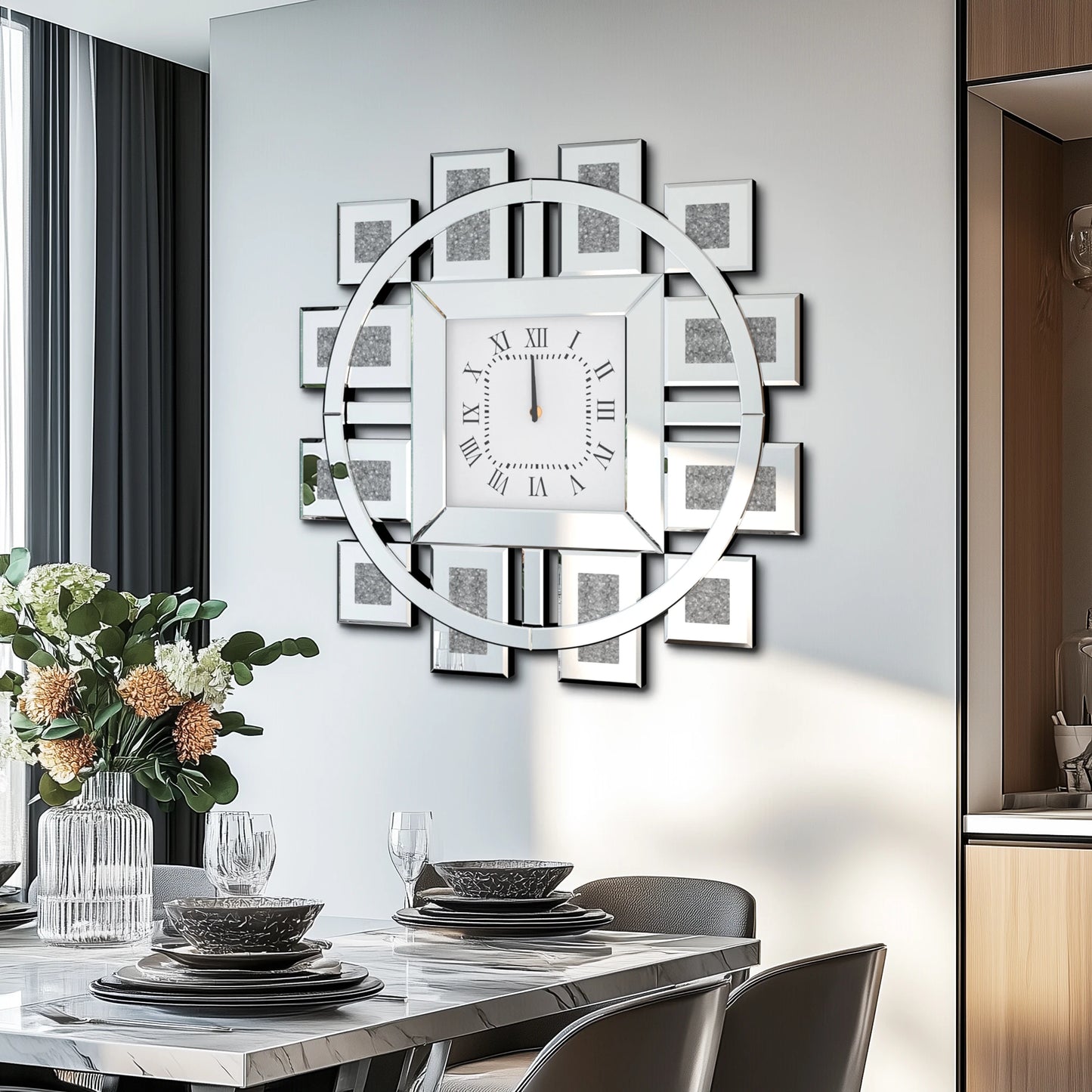 Wall Clock 60cm/24" Round Clock with Crushed Diamond Decor Beveled Mirror Edge Frame Silver for Entry, Livingroom, Office