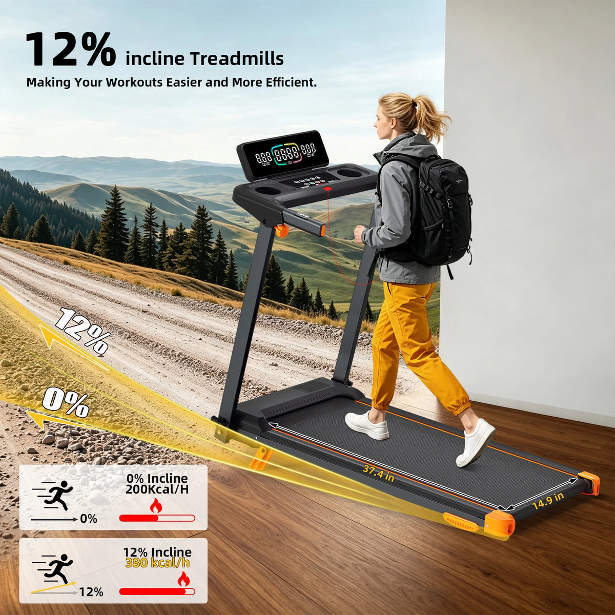 Quiet 3-in-1 Foldable Walking Pad Treadmill with 12% Incline for Home, 12 Preprogrammed HIIT Modes, Supports up to 300 LBS, Smart Treadmill Built with LED Display, Heart Rate Sensor, Bluetooth Speaker & App Connection