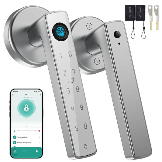 YFK 5-in-1 Smart Door Handle Lock Tuya Bluetooth Fingerprint Password IC Card Key APP Keyless Entry Black Silver