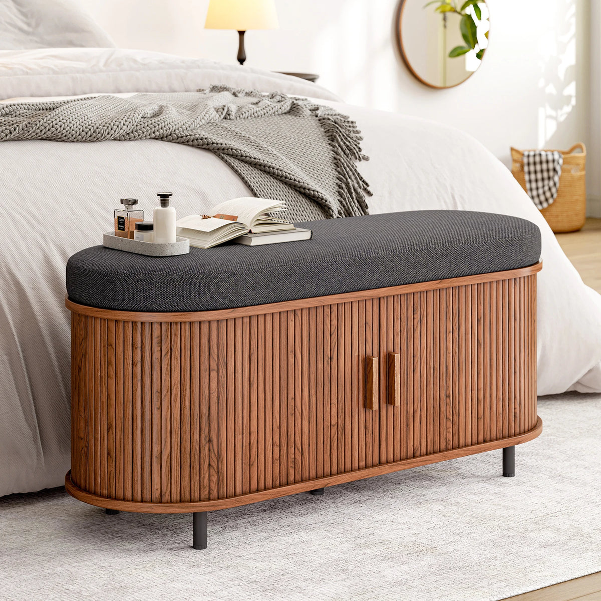 43.3 inch Shoe Storage Bench, 3 Tier Shoe Rack Bench Organizer with Storage, Cushion and Sliding Door Removable