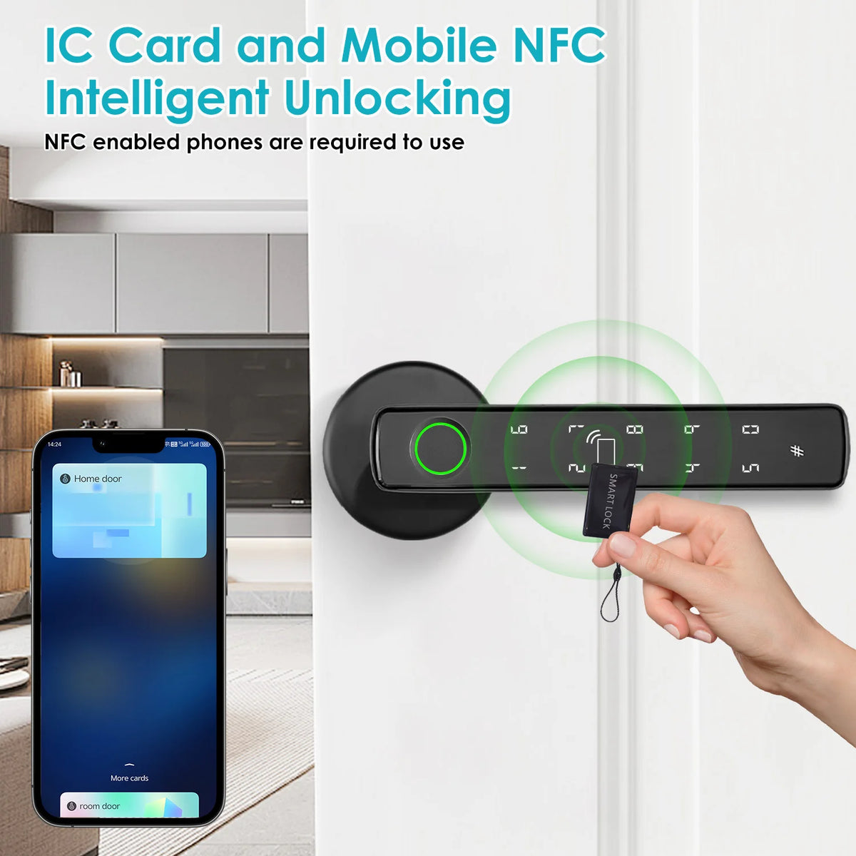YFK 5-in-1 Smart Door Handle Lock Tuya Bluetooth Fingerprint Password IC Card Key APP Keyless Entry Black Silver