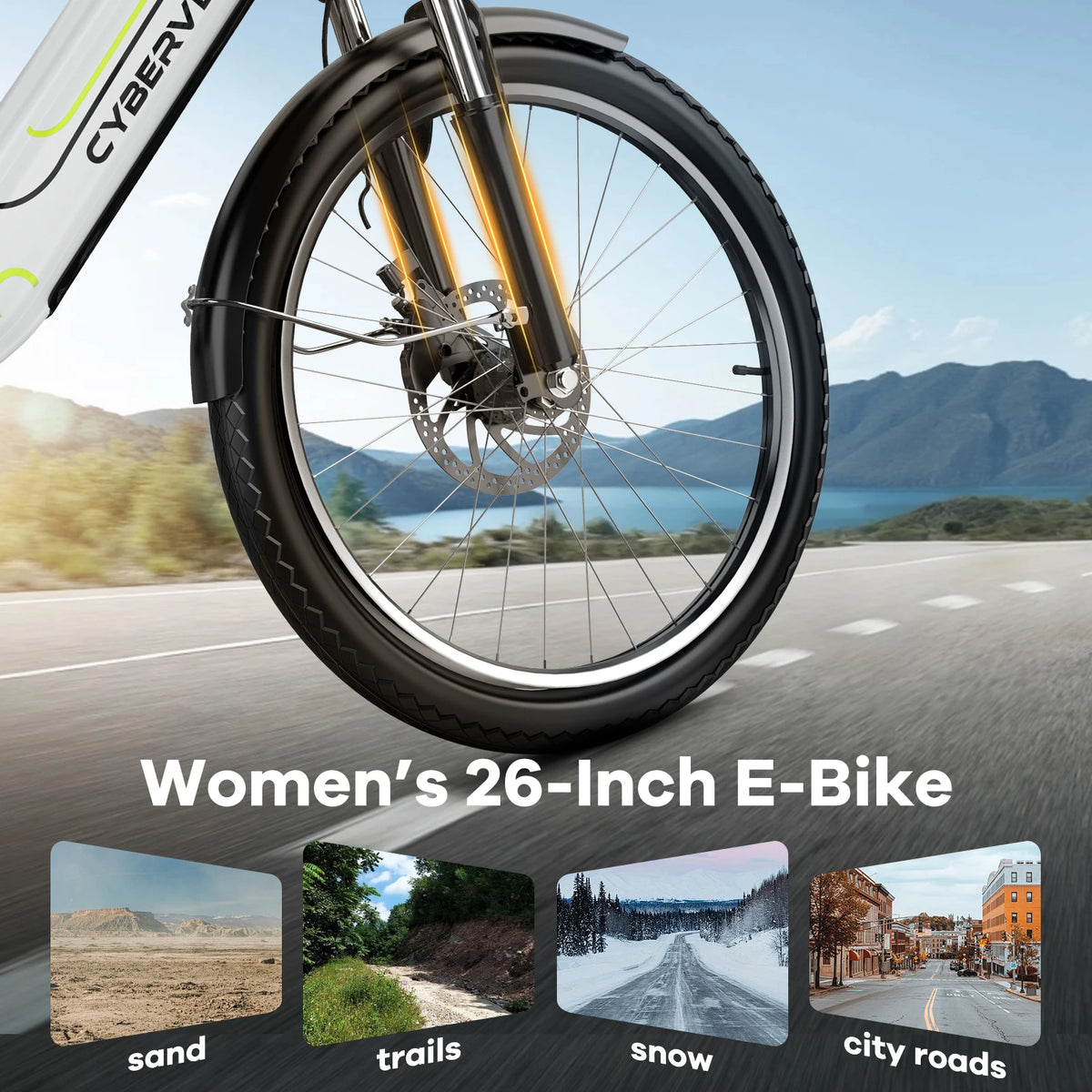 Cybervelo 26" Step-Thru Commuter, 500W Peak 48V 25Ah Detachable Battery, Long Range 7-Speed Shift Electric Bike for Adult EK7 EK10
