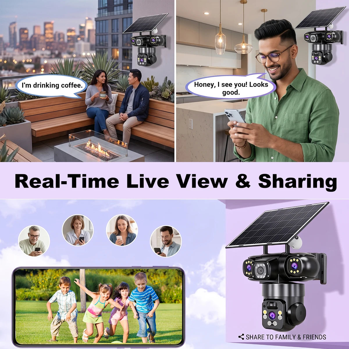 4 Lens Solar Security Camera Wireless Outdoor WiFi PTZ Camera 8000mAh Battery Solar Powered Human Auto Tracking Color Night Vision Two Way Audio IP66 Waterproof V380 Home Surveillance CCTV Camera