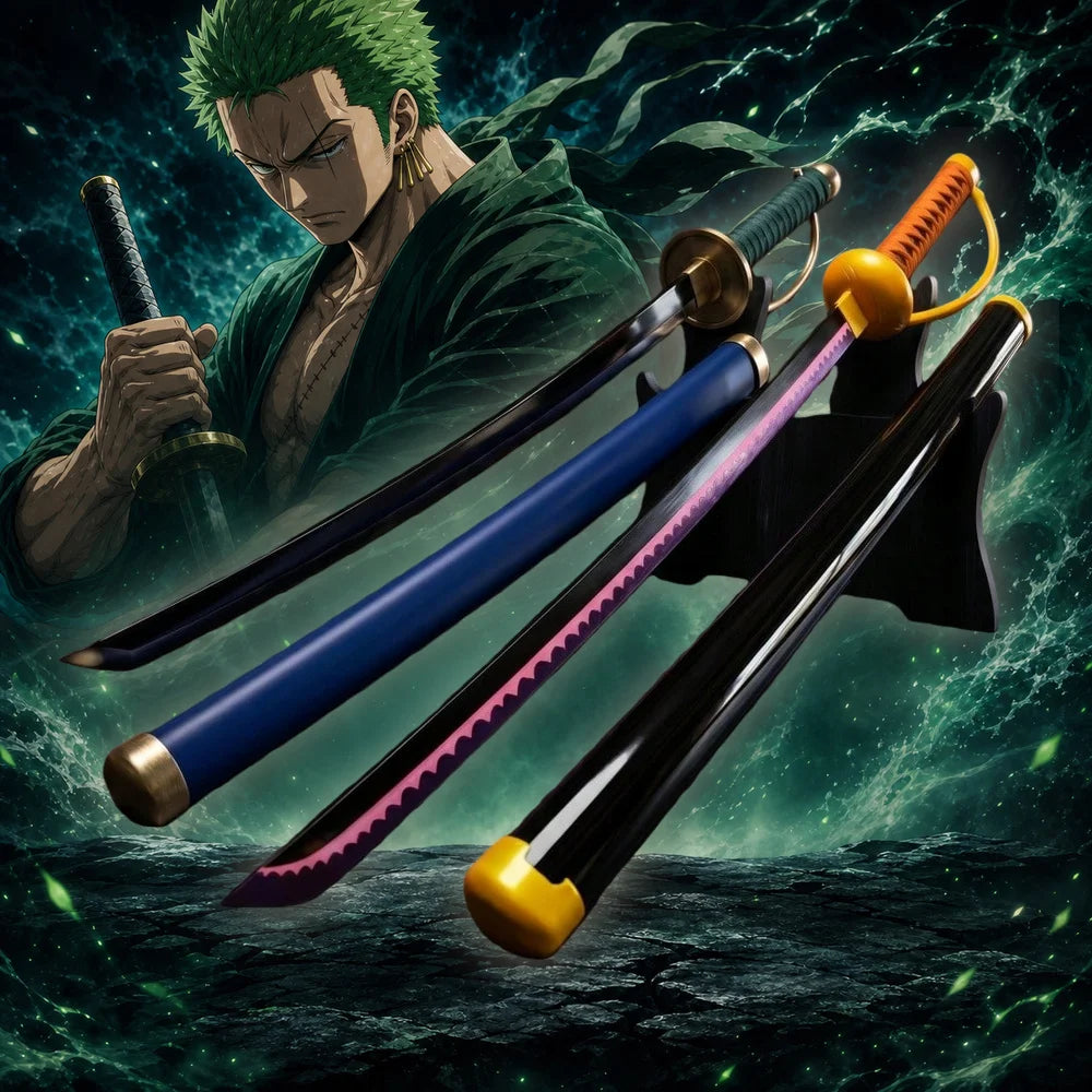 40inch 101cm Katana Sword One Piece Zoro Enma Wado Ichimonji Blade Wood Bamboo Japanese Samurai Anime Cosplay Prop Stand Belt 2pcs Set Real Size Otaku Collectible Gift Toy Display Three Sword Style Ninja Knife Schwert Sabre