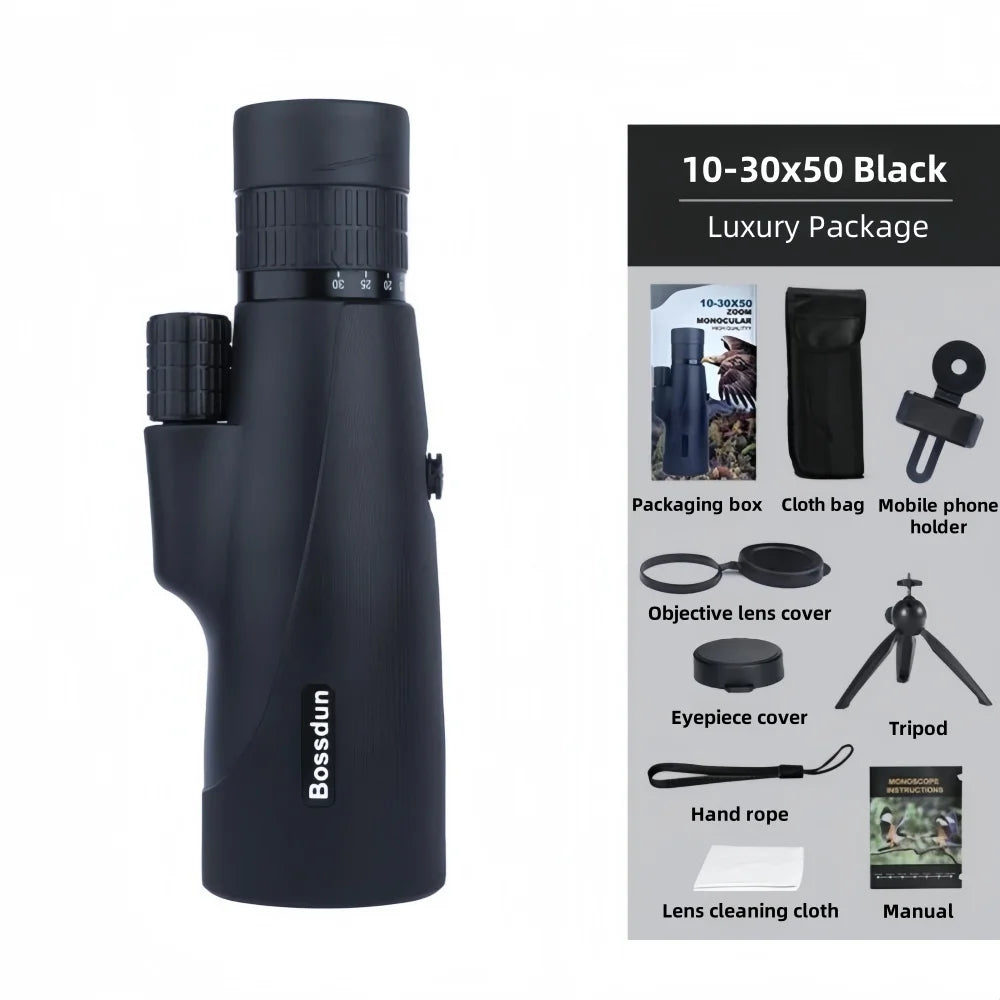10-30x50 HD Zoom Monocular Telescope with Tripod & Phone Adapter - Powerful Long Range for Bird Watching, Hunting, Camping