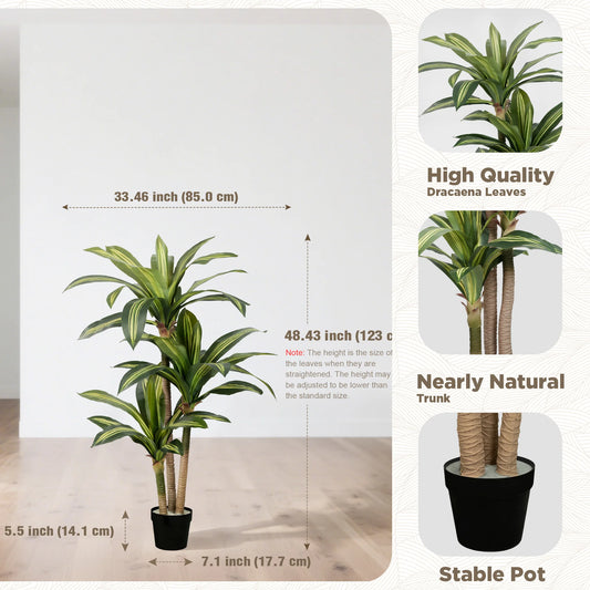 4ft/5ft/6ft Artificial Dracaena Tree in Pot - Realistic Faux Plastic Tropical Floor Plant with Easy Assembly, All-Season Indoor/Outdoor Decor for Home Office Living Room Porch, Housewarming Gift Perfect for Christmas Thanksgi