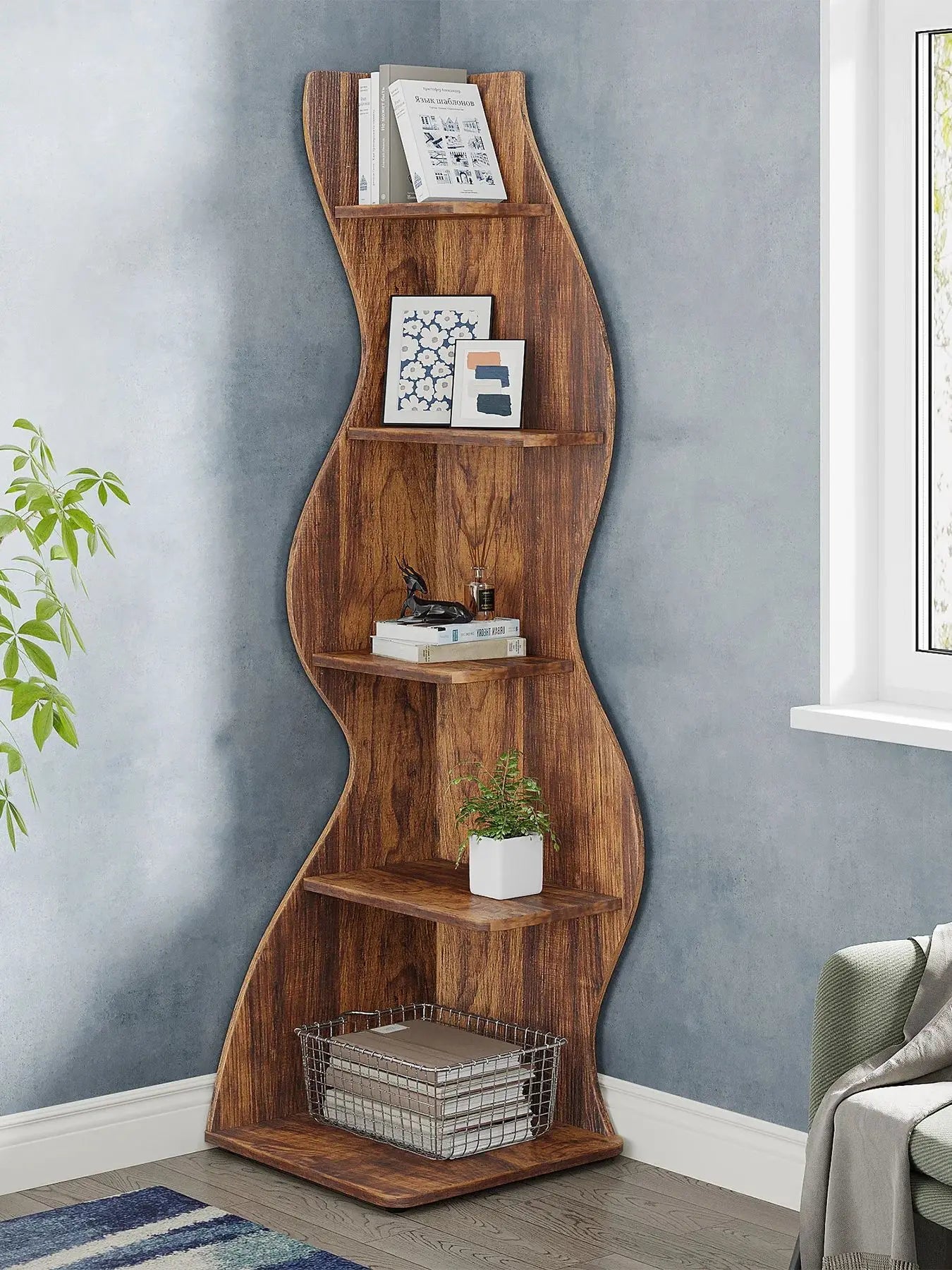 Tribesigns Corner Shelf, Rustic 5-Tier Wall Corner Bookshelf, Stylish Corner Small Bookcase Storage Rack Plant Stand with Unique
