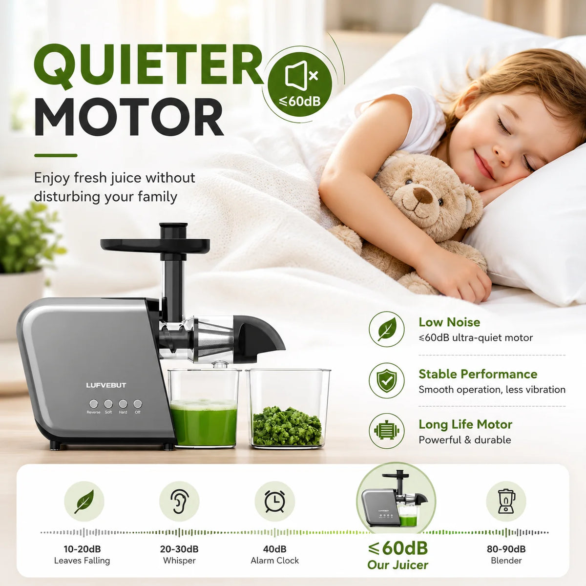 250W Slow Cold Press Fruit Juice Extractor, Anti-jam Reverse, Easy Clean, BPA-Free Quiet Household Vegetable Juicer